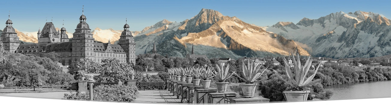 Collage mit  Schloss Johannesburg und Zillertaler Bergsilhouette