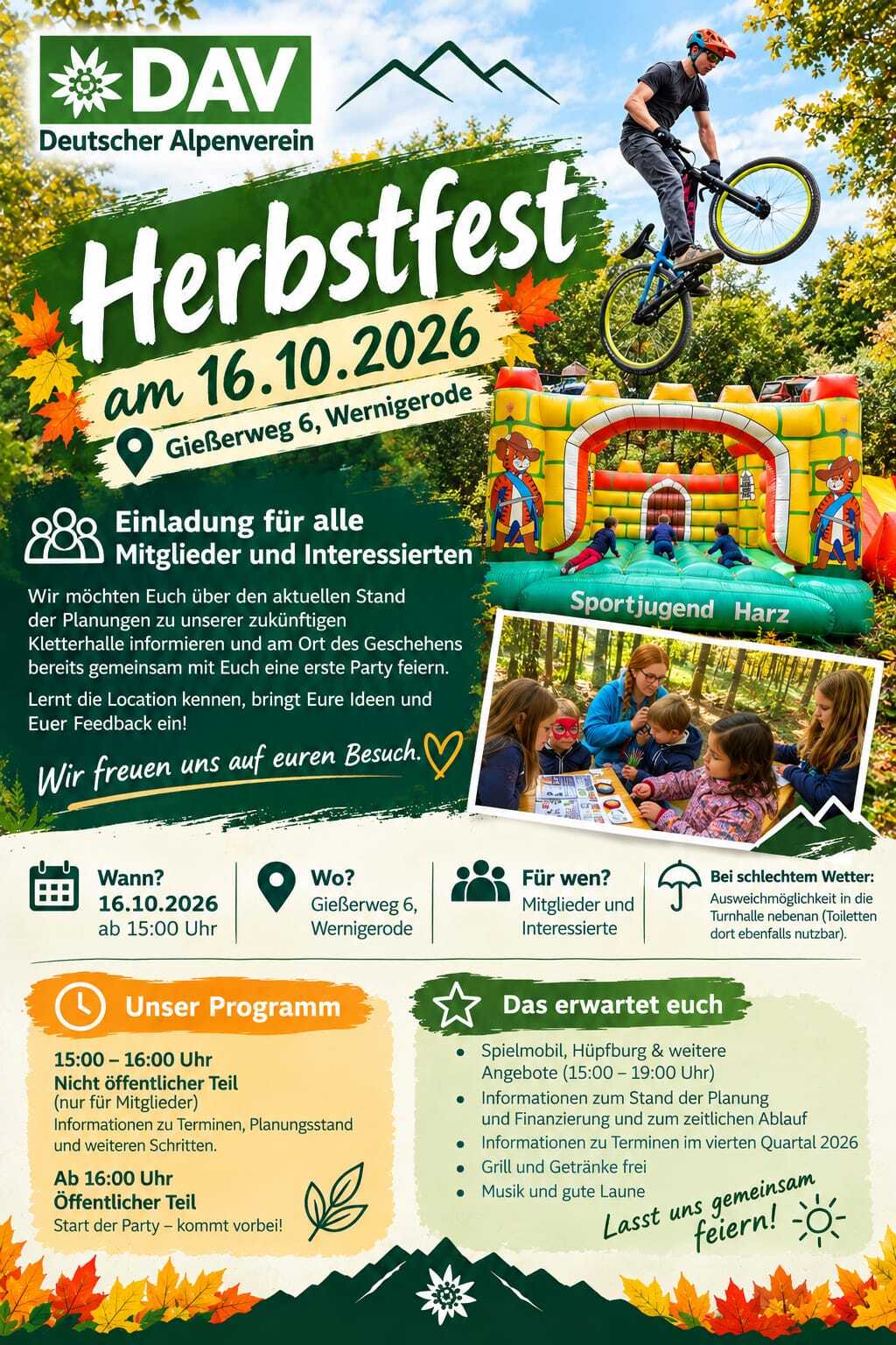 Flyer zum Herbstfest 2026 des DAV Wernigerode am 16. Oktober am Gießerweg 6 in Wernigerode